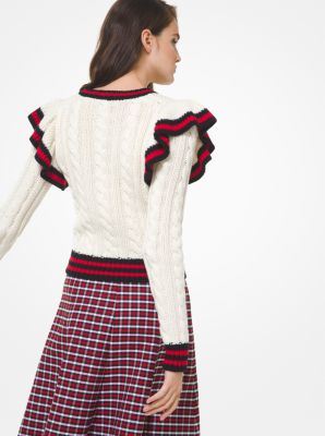 Ruffle-Trim Stripe Cable Cashmere Tennis Sweater image number 1