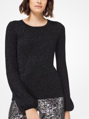 Metallic Merino Wool Peasant-Sleeve Sweater in NEGRO | Michael Kors