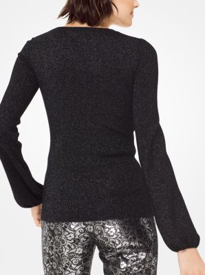 Metallic Merino Wool Peasant-Sleeve Sweater in NEGRO | Michael Kors
