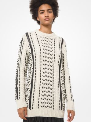 Leather Trim Hand-Knit Cashmere Aran Sweater