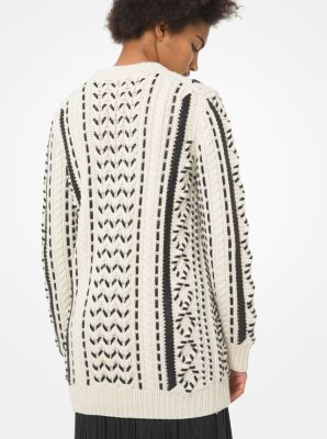 Leather Trim Hand-Knit Cashmere Aran Sweater