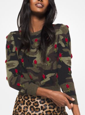 Rose Embroidered Camouflage Cashmere Sweater