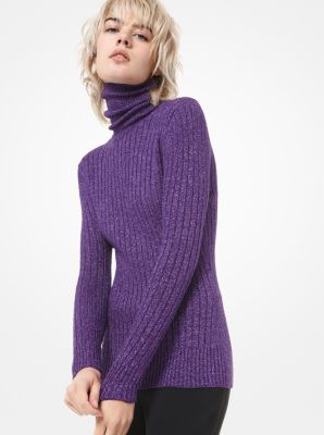 Ribbed Metallic Stretch-Viscose Turtleneck Sweater