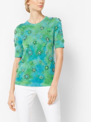 Brooch-Embroidered Cashmere Short-Sleeve Sweater