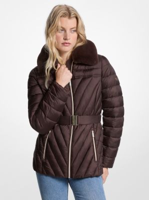 Michael Kors Faux Fur Trim Packable Nylon Puffer Jacket In Brown