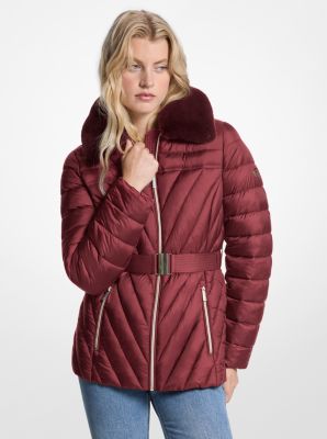 Michael Kors Faux Fur Trim Packable Nylon Puffer Jacket In Brown