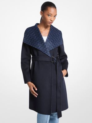 Manteau en laine m&eacute;lang&eacute;e avec bordure &agrave; logo Signature in BLEU DE MINUIT | Michael Kors
