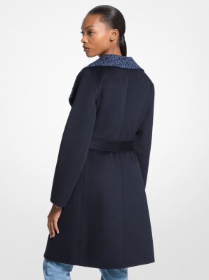Manteau en laine m&eacute;lang&eacute;e avec bordure &agrave; logo Signature in BLEU DE MINUIT | Michael Kors
