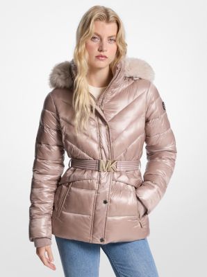 MK Daunenjacke Aus Abgestepptem Nylon Mit Kunstpelz Und Gürtel - Goldton