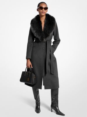 Manteau en mélange de laine bordé de fausse fourrure