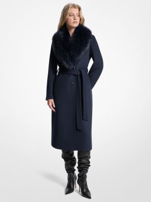 Michael Kors Faux Fur Trim Wool Blend Coat In Black