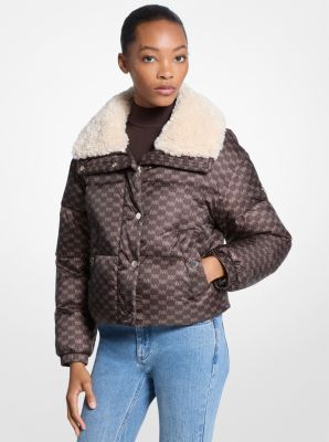 Michael Kors Logo Print And Sherpa Puffer Jacket In Brown