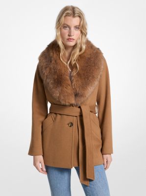 Michael Kors Faux Fur Trim Wool Blend Coat In Brown