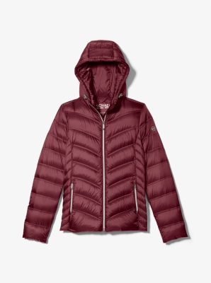 quilted nylon packable hooded puffer jacket