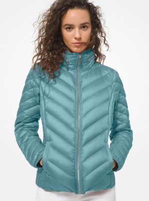 quilted nylon packable hooded puffer jacket