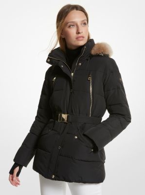 Faux Fur Trim Quilted Belted Puffer Jacket