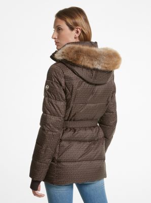 Belted puffer coat with fur hood online