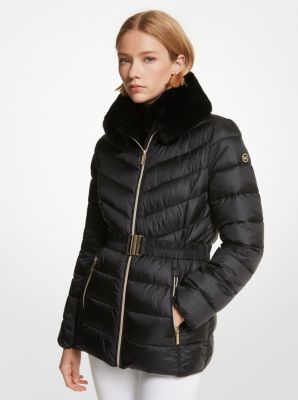 Michael Kors Women's Faux Fur Trim Quilted Nylon Packable Puffer Jacket - Brown - Casual Jackets