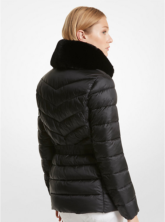 Faux Fur Trim Quilted Nylon Packable Puffer Jacket image number 1