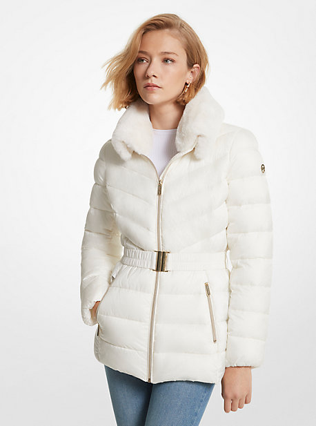 Michael Kors Faux Fur Trim Quilted Nylon Packable Puffer Jacket In Natural