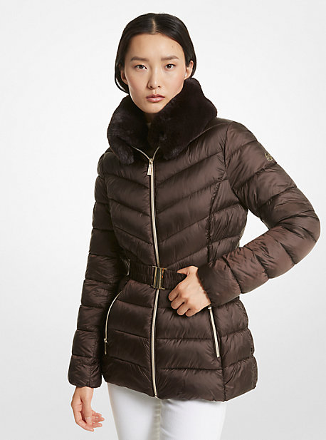 Michaelkors Faux Fur Trim Quilted Nylon Packable Puffer Jacket,CHOCOLATE