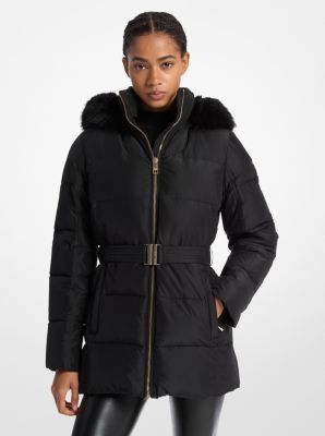 Faux Fur Trim Quilted Woven Coat