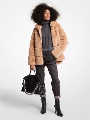 quilted ciré and faux shearling reversible puffer coat