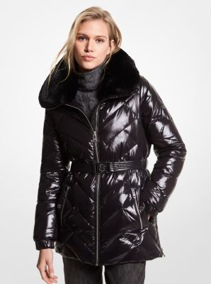 Faux Fur Trim Chevron Quilted Nylon Belted Puffer Coat Michael Kors