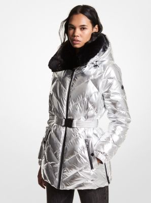 Faux Fur Trim Chevron Quilted Nylon Belted Puffer Coat | Michael Kors