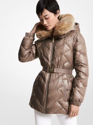 Faux Fur Trim Chevron Quilted Nylon Belted Puffer Coat | Michael Kors