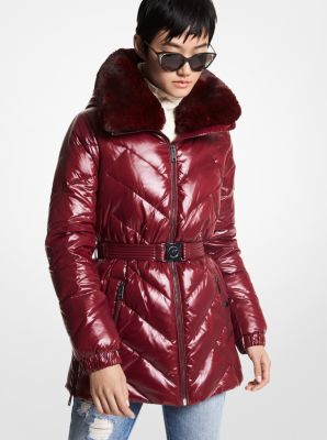 Faux Fur Trim Chevron Quilted Nylon Belted Puffer Coat
