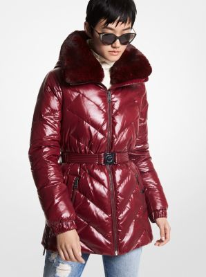 Silver Metallic Hooded Faux Fur-Trimmed Puffer Coat