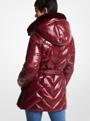 Faux Fur Trim Chevron Quilted Nylon Belted Puffer Coat Michael Kors