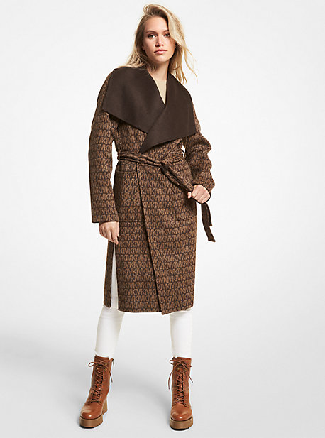 Wool Blend Logo Jacquard Wrap Coat | Michael Kors