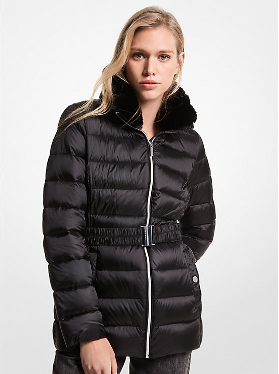 Faux Fur Trim Quilted Nylon Belted Puffer Coat | Michael Kors