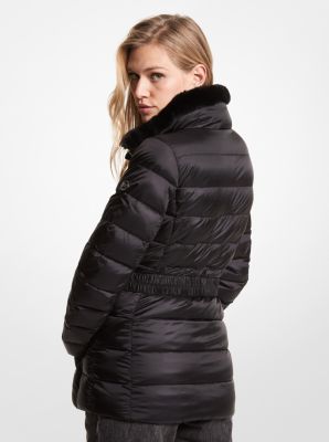 Faux Fur Trim Quilted Nylon Belted Puffer Coat