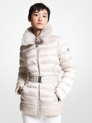 Michael kors faux fur hot sale trim belted puffer coat