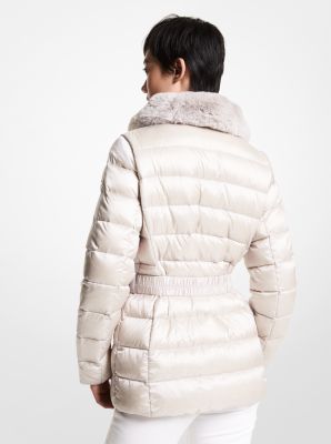 Faux Fur Trim Quilted Nylon Belted Puffer Coat image number 1