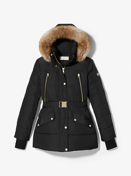 Faux Fur Trim Belted Puffer Jacket, Black Faux Fur Trim Belted Short Coat