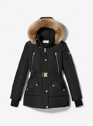 Faux Fur Trim Belted Puffer Jacket, Michael Kors Women S Belted Faux Fur Trim Hooded Puffer Coat