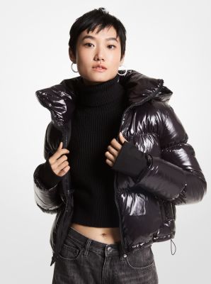 Black patent outlet bubble coat