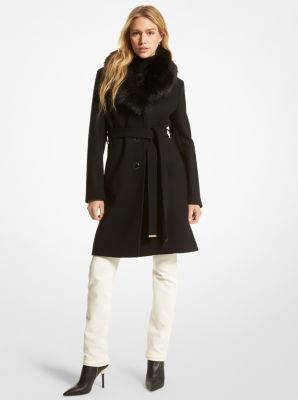 White Fur Trim Wool Coat with Rose Buttons - Sizes S-XL