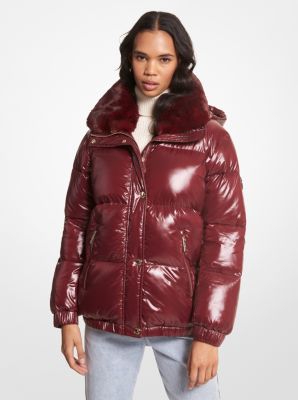 Red faux fur hot sale trim hooded puffer jacket