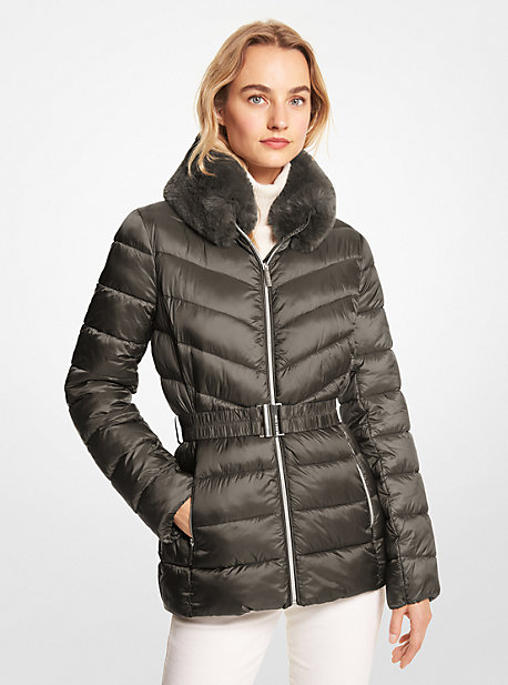 Michaelkors Faux Fur Trim Quilted Nylon Packable Puffer Jacket,OLIVE COMBO