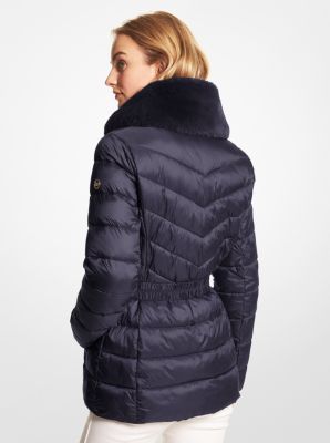 Michael Kors Women's Faux Fur Trim Quilted Nylon Packable Puffer Jacket - Blue - Casual Jackets