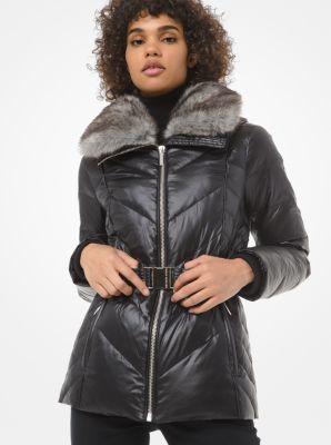 Gallery hooded chevron faux fur outlet coat