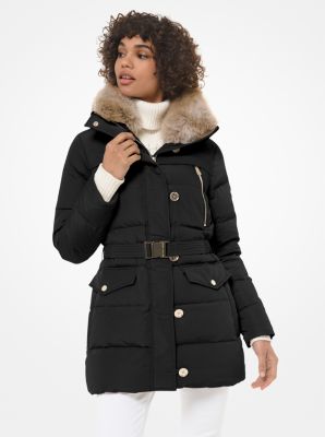 michael kors faux fur trim belted puffer coat