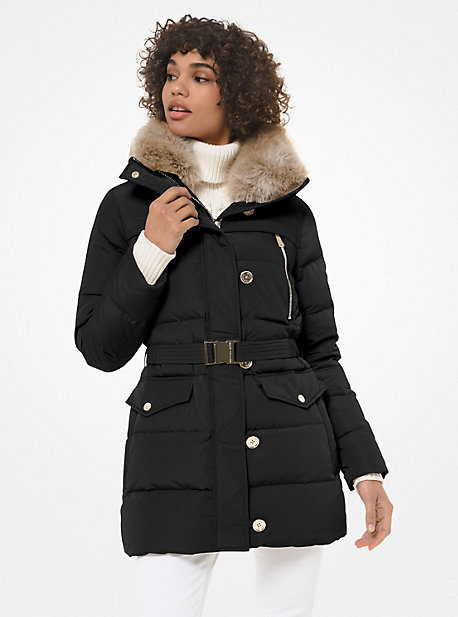 Faux Fur Trim Quilted Tech Belted, Michael Kors Faux Fur Trimmed Hood Belted Coat
