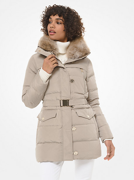 Faux Fur Trim Quilted Tech Belted, Michael Kors Belted Faux Fur Trim Hooded Puffer Coat