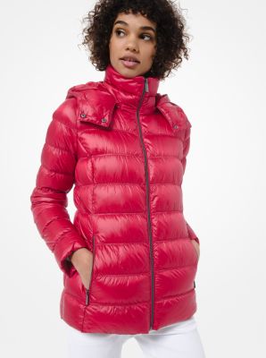 quilted nylon packable hooded puffer jacket